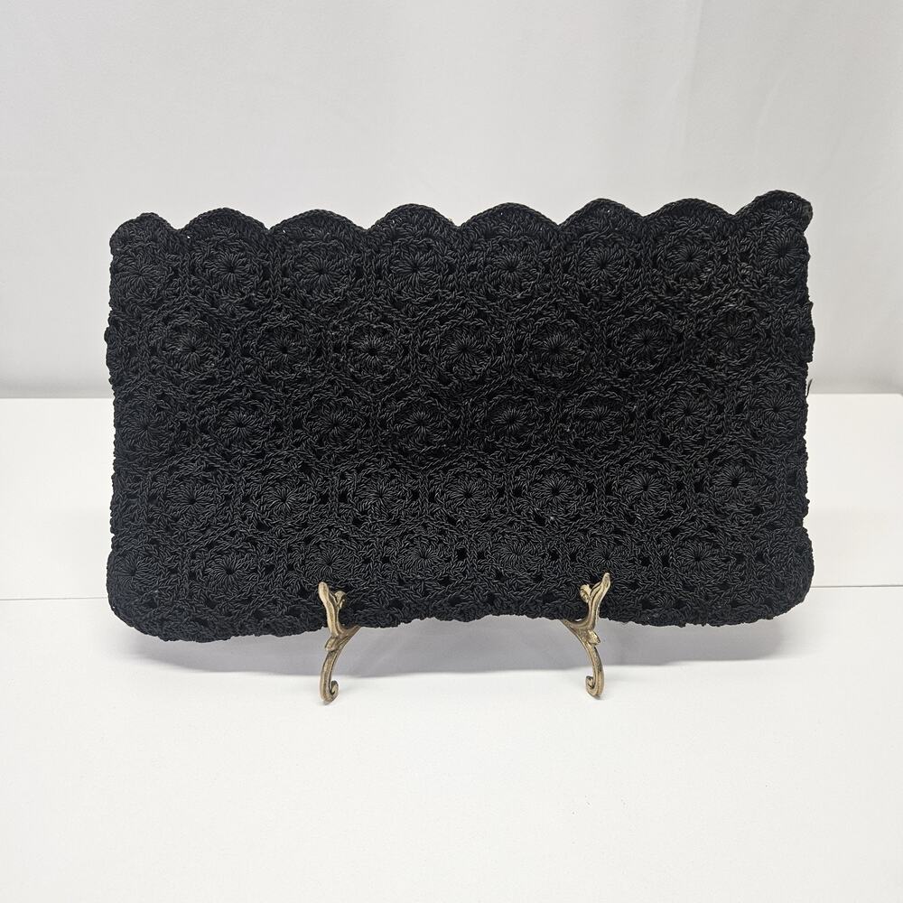Vintage 1950s Black Cord Crochet Woven Clutch Handbag Purse Zip Retro MCM
